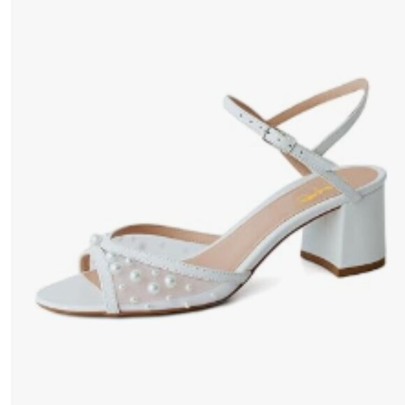 XYD White Mesh Pearl Open Toe Chunky Low Heel Ankle Strap Buckle Dress Sandal - Picture 1 of 8